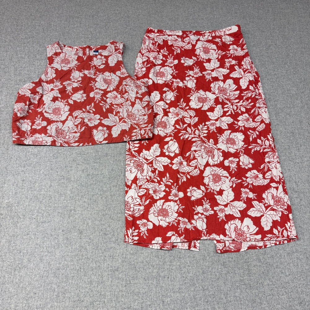 Old Navy Floral Two Piece Set XL Red White Linen Blend Crop Top Midi Skirt Boho
